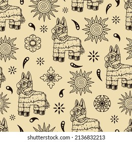 Mexican party decoration seamless pattern with pinata horse, national ornaments, simple flower and abstract sun on light background, vector illustration