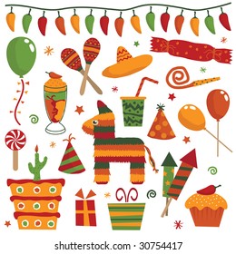 mexican party decorations with balloons, gifts, cakes, pinata, maracas and sombrero