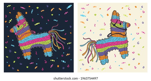 mexican party decorations with pinata, sweets, candies gift invitation card template