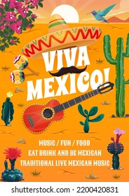 mexikanischer Partyflyer oder Fiesta und Mexiko Urlaubsposter, Vektorhintergrund. mexikanische Party- oder lateinische Faschingsflyer und Musikfestivals mit Viva Mexico, Sombrero-Hut und Gitarre mit Maracas und Schnurrbart