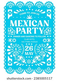 mexikanische Party Flyer Papel Picado Papier schneiden Flagge Banner. Mexikos Fest-Karneval-Einladung, Vektorflagge aus blauem Papier mit perforiertem Muster aus Kerzen, Blumen und ethnischen lateinischen Ornamenten