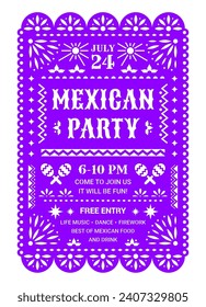 mexikanischer Partyflyer, Papageienmaler Pikadapapier zum Feiertag, Vektorbanner. Mexiko Nationalfeiertag oder lateinische Feiertagsfahne mit Sombrero, Maracas und Blumenmustern