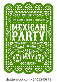 Mexikanischer Party-Flyer oder Papel Picado Papier geschnitten Banner für Fiesta-Event, Vektorgrafik Vorlage. Mexikanische Party Unterhaltung Einladung Flyer von Papel Picado Hintergrund mit Papier geschnitten Blumen Muster