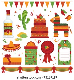 Mexican party items with pinata, cake, chili peppers, tequila, and bunting isolated on white