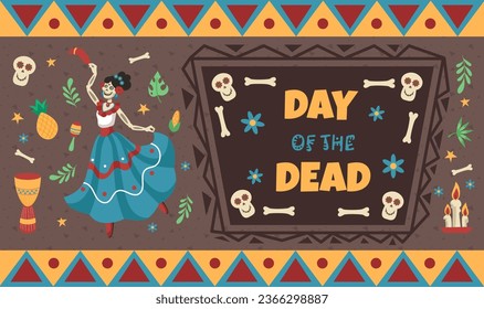 Mexican party. Mexico dead day. Halloween with Catrina. Skull and bones. Frida Kahlo. Death skeleton in carnival dress. Traditional celebration. Holiday invitation. Vector tidy background