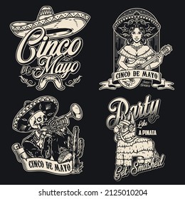 Mexican party monochrome vintage emblems set with sombrero, mustache, girl with guitar, skeleton playing trumpet above ribbon with inscription, pinata donkey with bridle, vector illustration