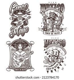 Mexican party monochrome vintage labels set with skeleton, woman and chili pepper in sombreros playing guitars, cactus with mustache shaking maracas, vector illustration