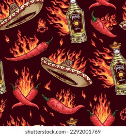 Mexican party pattern seamless colorful with tequila bottle and cowboy hat or chili pepper on fire vector illustration