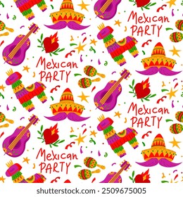 Patrón de fiesta mexicana calavera, flores, bandera mexicana, corazón, pinata, sombrero con bigote, maracas, guitarra, velas, fuegos artificiales. Empaquetado para unas vacaciones mexicanas, una fiesta. Textura brillante festiva plana