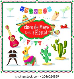 Mexican party set . Cinco de Mayo Holliday vector. Mexican party icon. Carnival Mexico style design element. Cinco de Mayo parade with cactus, pinata, sombrero, food, tequila. Vector illustration