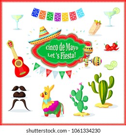 Mexican party set . Cinco de Mayo Holliday mexican vector. Mexicana party icon. Carnival Mexico style design element. Cinco de Mayo parade with cactus, pinata, sambrero, food, tequila. 