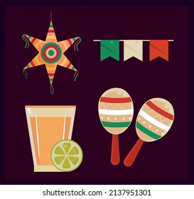 mexican party tequila, garland and maraca