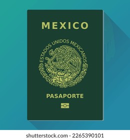 Mexican passport with its shadow on a blue background (flat design)