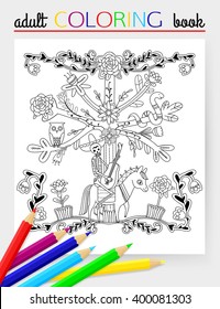 Mexican pattern. Adult coloring page with flowers, skeleton, horse, tree, owl, and snake. Vector illustration.