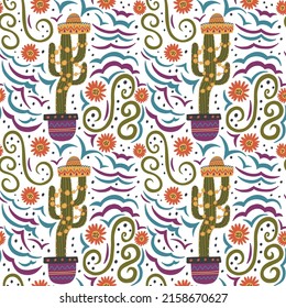 Mexican pattern cactus in a pot hat. Botanical western succulent flower background hand drawn doodle naive vector art. Cute digital paper fabric textile wallpaper 