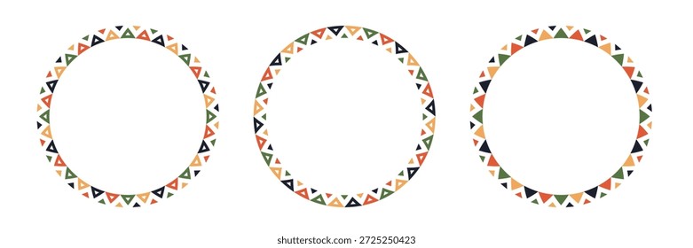 Mexican pattern circle frame. African ethnic motif border. Aztec triangular ornament round frame. Mexican text frame. African ethnic culture ornament. Vector illustration isolated on white background.