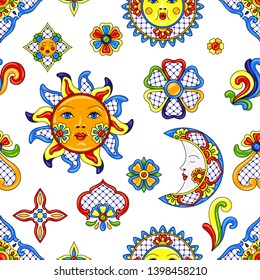 Mexican pattern with cute naive art items. Traditional decorative objects. Talavera ornamental ceramic. Ethnic folk ornament.