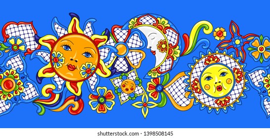 Mexican pattern with cute naive art items. Traditional decorative objects. Talavera ornamental ceramic. Ethnic folk ornament.