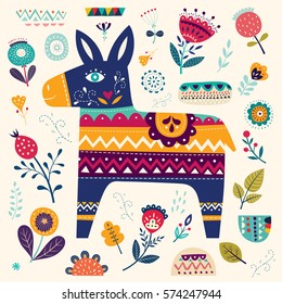 Mexican pattern with donkey and flowers