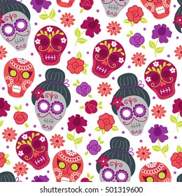 Mexican pattern with flowers and sculls. Perfect for wallpaper, gift paper, holiday decorations, Day of the dead (Dia de los muertos) party