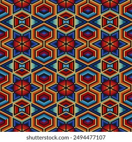 Mexican pattern in Huichol style. Native American beading. Ethnic seamless pattern.