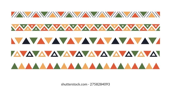 Mexican pattern line border. African ethnic motif border. Aztec triangular ornament line stripe. Mexican or African ethnic culture ornament. Vector illustration isolated on white background.