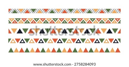 Mexican pattern line border. African ethnic motif border. Aztec triangular ornament line stripe. Mexican or African ethnic culture ornament. Vector illustration isolated on white background.