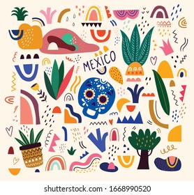 Mexican pattern with skull, leaves, cactus and decorative abstract elements