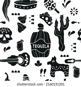 Mexican pattern. Vector Dia de Los Muertos. A set for celebrating the Day of the dead. Decorated skulls, flowers, skeleton, cactus, sombrero, tequila, guitar. The background of the vector illustration