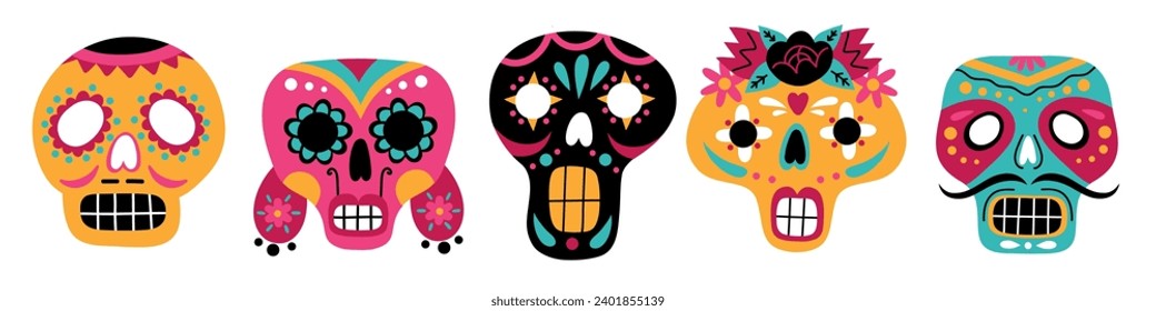 Mexican patterned sugar skulls. Funny decorative elements, skeletons parts, tradition day of dead symbols, annual death holiday, vector set.eps
