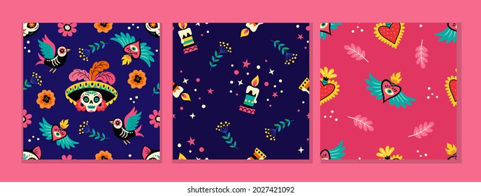 Mexican patterns collection. Seamless vector patterns with traditional Mexican sugar skulls, flowers, hearts and candles on dark blue and pink backgrounds