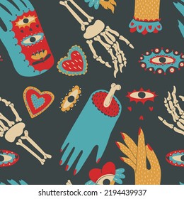 Mexican patterns with flowers, sugar skulls, burning hearts for the day of the dead