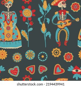 Mexican patterns with flowers, sugar skulls, burning hearts for the day of the dead