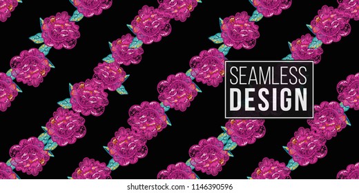 Mexican peony embroidery seamless pattern. Traditional elements on dark repeatable background. Watercolor style illustration on black backdrop.