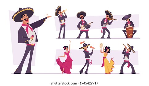 Mexican people. Authentic nacional clothes for mexican characters traditional happy persons musicians in sombrero exact vector illustrations isolated