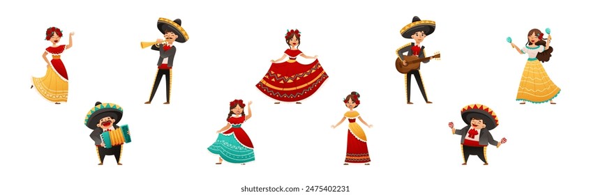 Mexican People Character Wearing Traditional Clothes Playing Musical Instrument and Dancing Vector Set