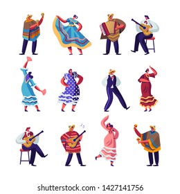 Mexican People in Colorful Traditional Clothes Set, Cinco De Mayo Festival Musicians with Guitars, Maracas and Accordion and Girl Dancers Celebrating National Holiday. Cartoon Flat Vector Illustration