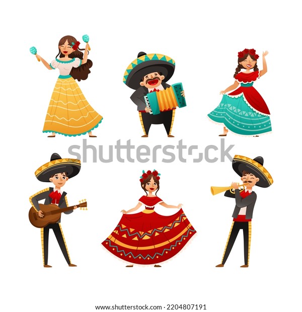 Mexican People Colorful Traditional Clothing Celebrating Stock Vector ...