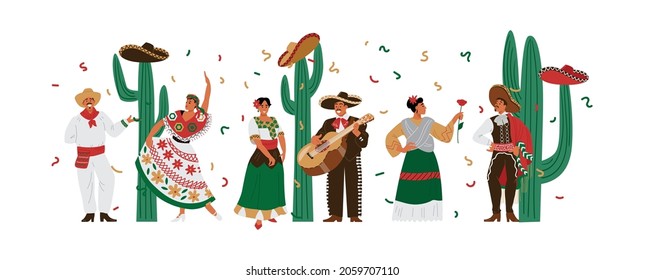 Mexican people in colorful traditional national clothing. Men musician play guitar and dance with women near cactuses on national holiday cinco de mayo. Vector flat illustrations