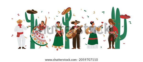 Mexican people in\
colorful traditional national clothing. Men musician play guitar\
and dance with women near cactuses on national holiday cinco de\
mayo. Vector flat\
illustrations