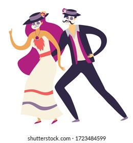 Mexican people dancing on Mexican Death's Day vector illustration. Man and woman with skull makeup. Isolation icon on white background