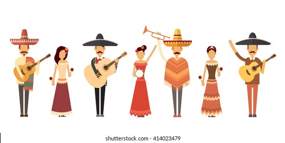 Mexican People Group Wear Traditional Clothes Play Guitar Music Instruments Full Length Flat Vector Illustration