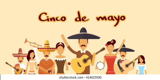 Mexican People Group Wear Traditional Clothes Celebrate Mexico National Holiday Cinco De Mayo Flat Vector Illustration