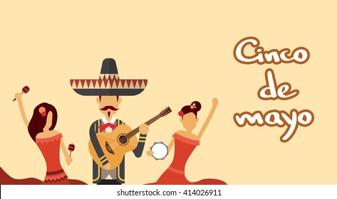 Mexican People Group Wear Traditional Clothes Celebrate Mexico National Holiday Cinco De Mayo Flat Vector Illustration