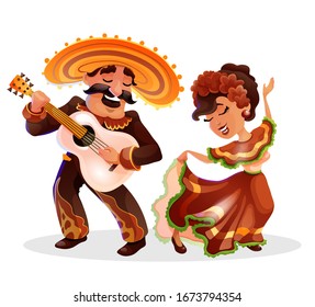 Mexican people, man and woman, in traditional clothes at fiesta. Man is playing guitar and singing, woman is smiling and dancing. Vector cartoon characters isolated on white background