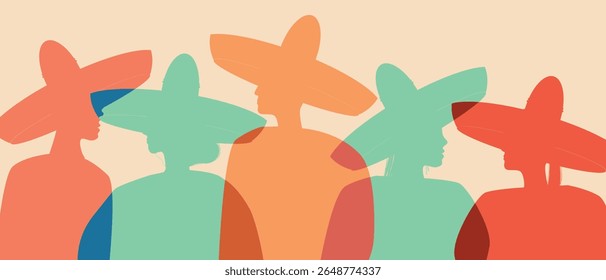 Mexican people silhouettes traveling together as BIPOC, flat vector stock illustration as concept of traditional mexico travel and tourists in sombrero for sstkTravel