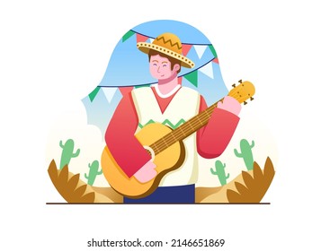 Mexican People Wear Sombrero Celebrate Cinco de Mayo with Playing Guitar and Singing Illustration. Can be used for greeting card, postcard, poster, banner, print, invitation, web, etc