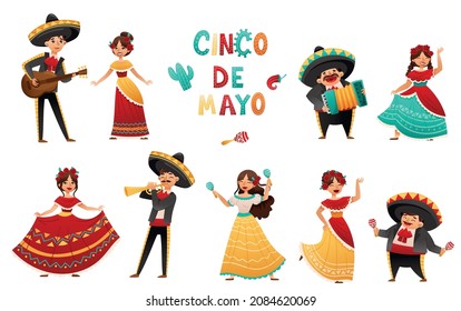 Mexican people wearing traditional clothes playing musical instruments and dancing set cartoon vector illustration