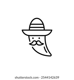 Ícone de pimenta mexicana. Ilustração de um personagem de pimenta chili com um sombrero e bigode. Ideal para projetos relacionados à comida, cultura mexicana ou temas de comida apimentada. Ilustração vetorial