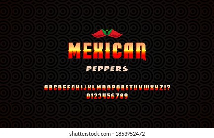 Pimienta mexicana. Fuente 3D vintage. Fuente hecha a mano y logotipo. Estilo vintage. Impresión retro. estilo mexicano. Ilustración del vector